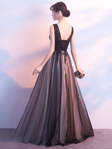Stunning Black Evening Dresses Long V Neck Lace Tulle Sleeveless A Lien Floor Length Formal Evening Dress-showprettydress