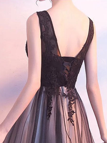 Stunning Black Evening Dresses Long V Neck Lace Tulle Sleeveless A Lien Floor Length Formal Evening Dress-showprettydress