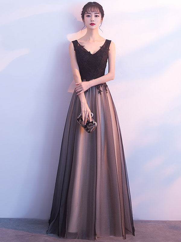 Stunning Black Evening Dresses Long V Neck Lace Tulle Sleeveless A Lien Floor Length Formal Evening Dress-showprettydress