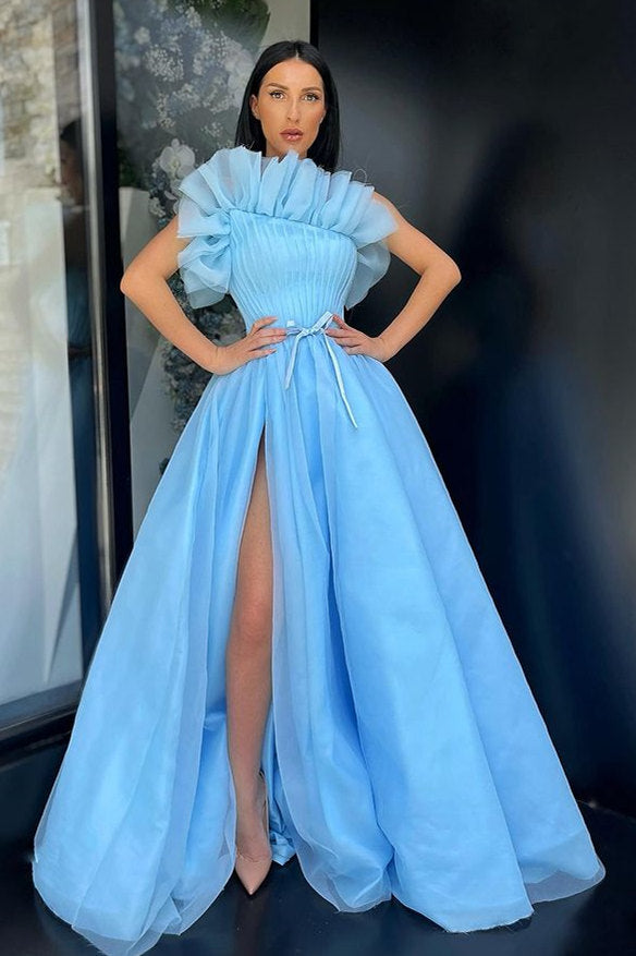 Stunning Blue Long A-line Tulle Prom Dress With Slit-showprettydress