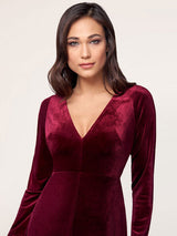 Stunning Burgundy Evening Dress Sheath Long Sleeve V-Neck Velour Social Party Dresses-showprettydress