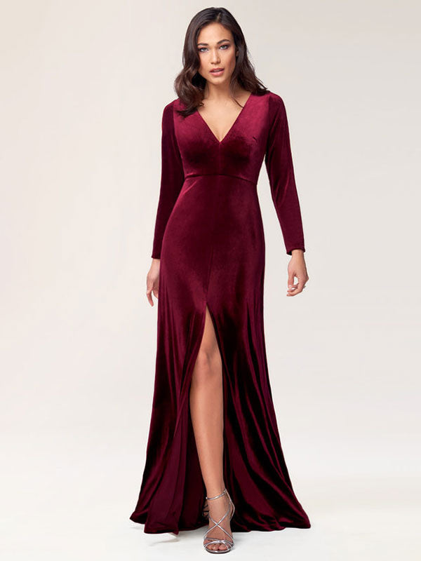 Stunning Burgundy Evening Dress Sheath Long Sleeve V-Neck Velour Social Party Dresses-showprettydress