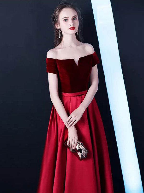 Stunning Burgundy Evening Dresses Off The Shoulder Velvet Satin Formal Dress Notched Neck Floor Length Evening Gowns-showprettydress