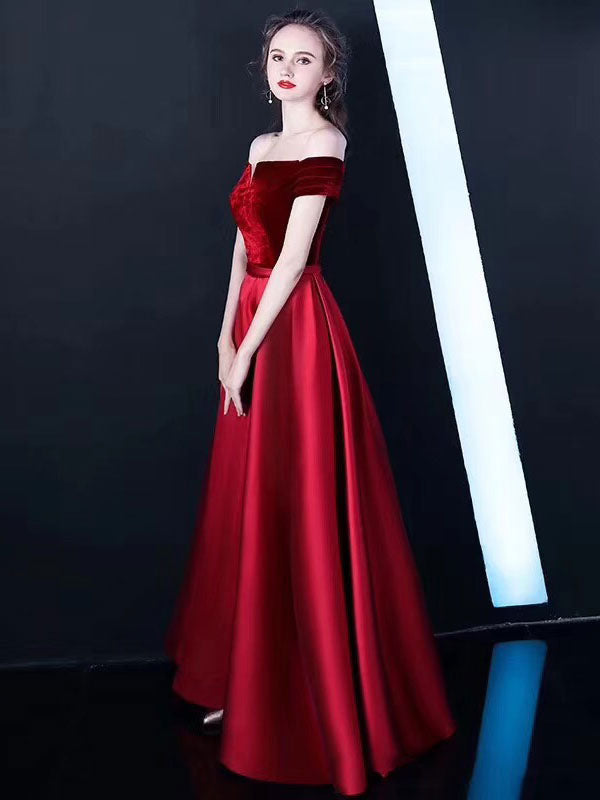 Stunning Burgundy Evening Dresses Off The Shoulder Velvet Satin Formal Dress Notched Neck Floor Length Evening Gowns-showprettydress