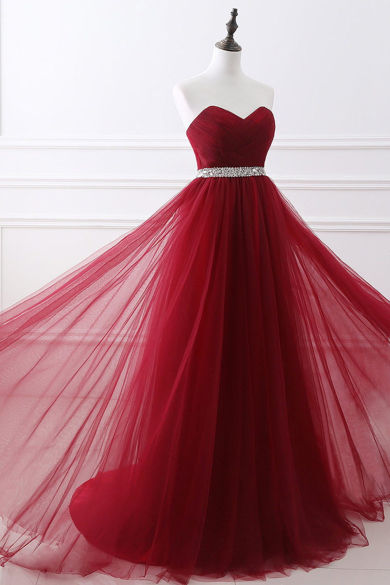 Stunning Burgundy Long A-line Sweetheart Prom Dress Tulle Evening Gown-showprettydress