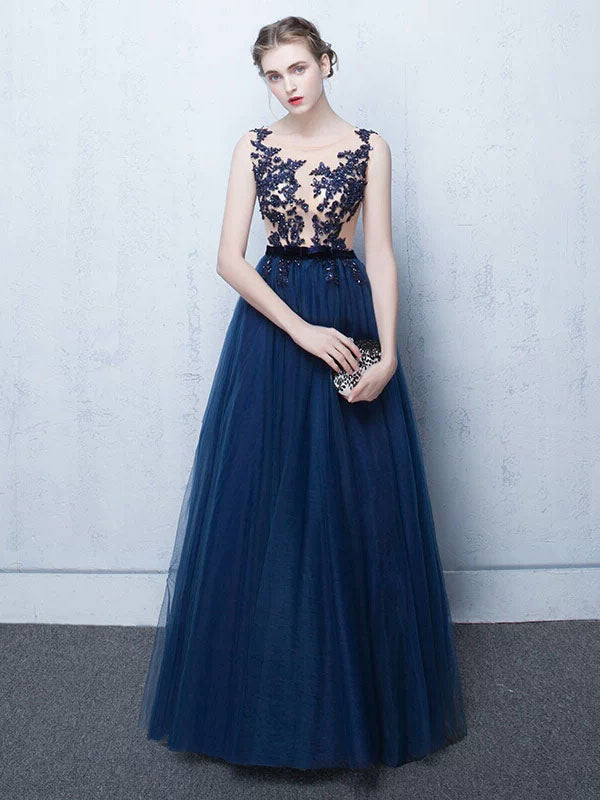 Stunning Dark Navy Evening Dresses Long Tulle Evening Dress Lace Illusion Floor Length Formal Dress-showprettydress