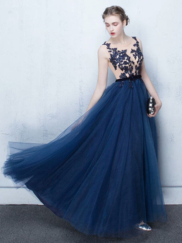 Stunning Dark Navy Evening Dresses Long Tulle Evening Dress Lace Illusion Floor Length Formal Dress-showprettydress