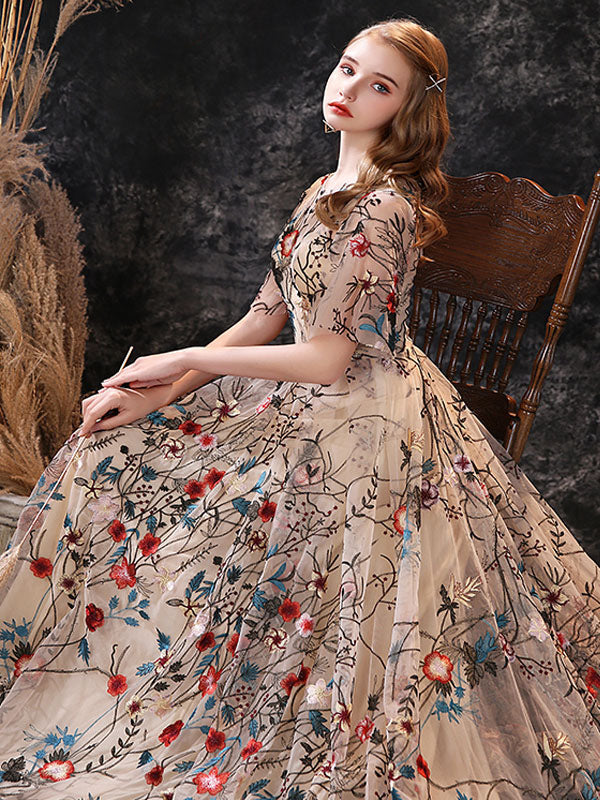 Stunning Evening Dress A-Line Jewel Neck Lace With Train Lace Social Party Dresses-showprettydress