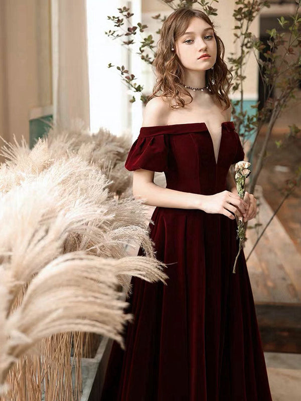 Stunning Evening Dress A Line Off The Shoulder Short Sleeves Floor Length Laceup Pockets Velour Formal Dinner Dresses-showprettydress