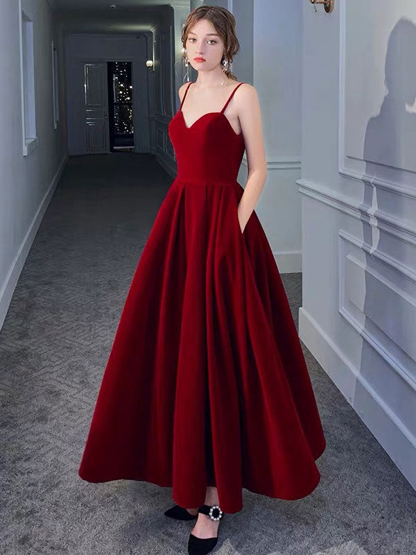 Stunning Evening Dress A Line Sweetheart Neck Velour Floor Length Pockets Formal Party Dresses-showprettydress