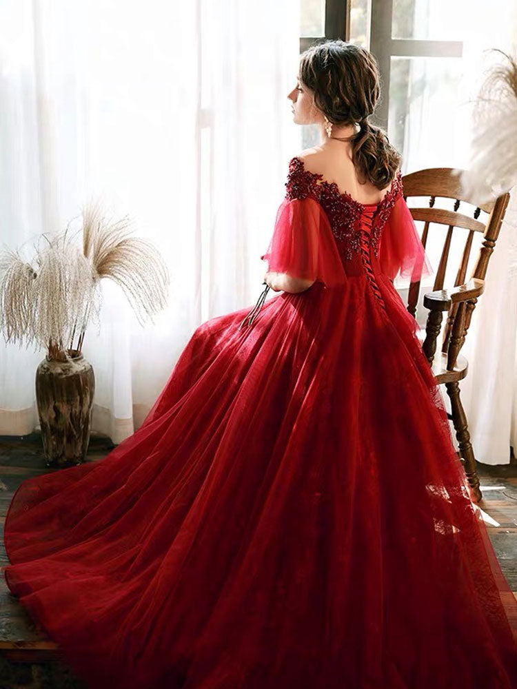 Stunning evening dress Illusion Neckline A Line Half Sleeves Lace Floor Length Tulle Party Dresses-showprettydress