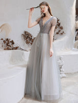 Stunning Evening Dress Light Grey A Line Bateau Neck Floor Length Social Party Dresses Pageant Dress-showprettydress