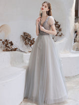 Stunning Evening Dress Light Grey A Line Bateau Neck Floor Length Social Party Dresses Pageant Dress-showprettydress