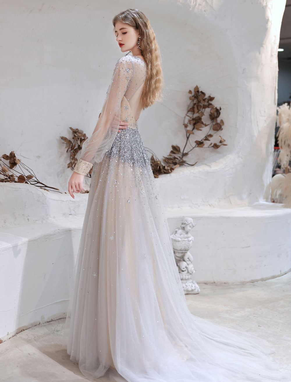 Stunning Evening Dress Light Grey A Line Jewel Neck With Train Long Sleeves Zipper Formal Dinner Pageant Dress-showprettydress