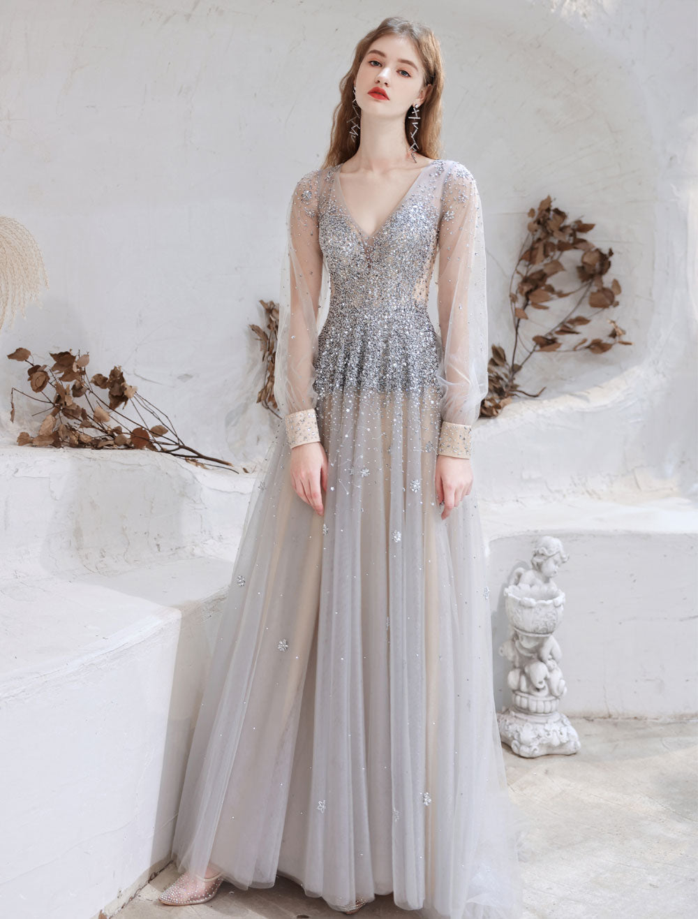 Stunning Evening Dress Light Grey A Line Jewel Neck With Train Long Sleeves Zipper Formal Dinner Pageant Dress-showprettydress