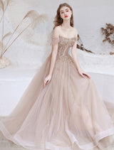Stunning Evening Dress Nude Color A Line Bateau Neck Floor Length Short Sleeves Lace Up Sequins Formal Dinner Dresses Pageant Dress-showprettydress