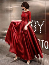 Stunning Evening Dresses Burgundy Half Sleeve Sequin Satin Floor Length Long Prom Gown-showprettydress