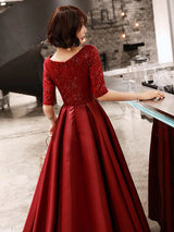 Stunning Evening Dresses Burgundy Half Sleeve Sequin Satin Floor Length Long Prom Gown-showprettydress