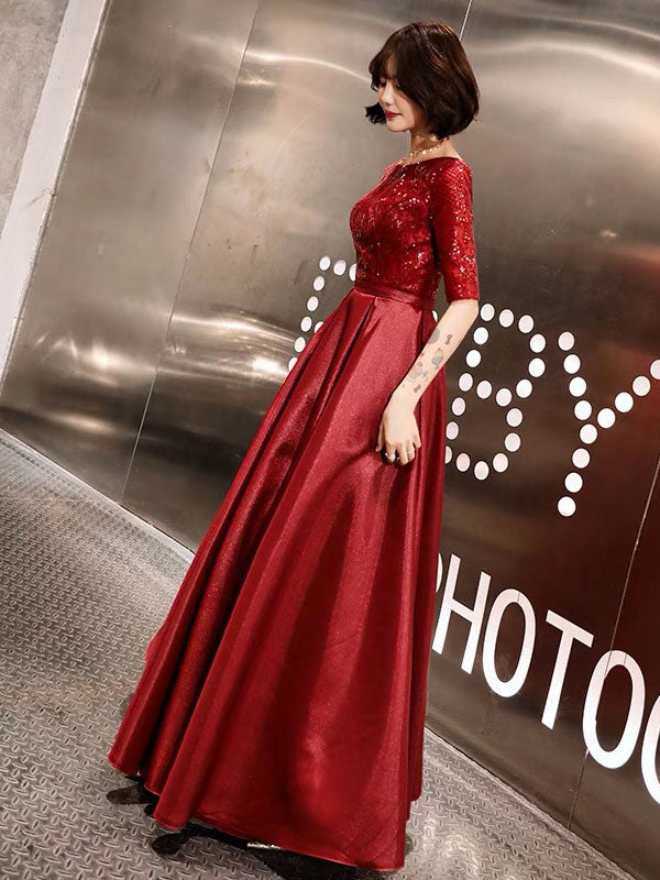 Stunning Evening Dresses Burgundy Half Sleeve Sequin Satin Floor Length Long Prom Gown-showprettydress