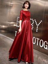 Stunning Evening Dresses Burgundy Half Sleeve Sequin Satin Floor Length Long Prom Gown-showprettydress