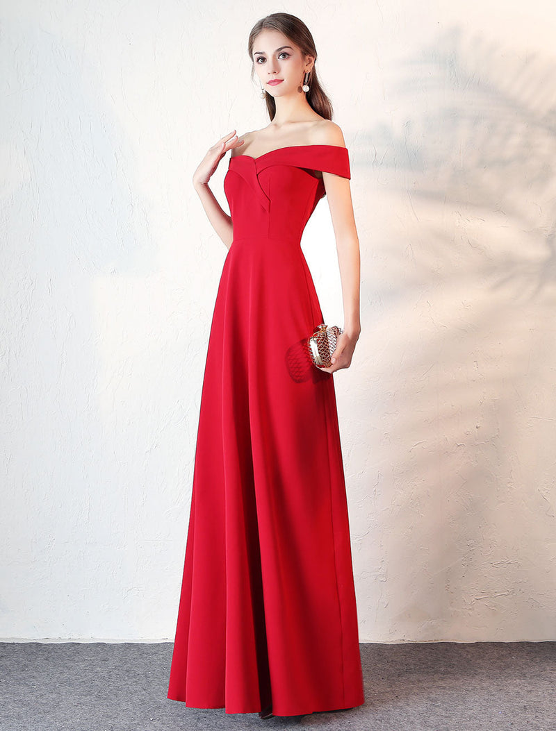 Stunning Evening Dresses Burgundy Off The Shoulder evening dress Satin Floor Length Formal Party Dress wedding guest dress-showprettydress