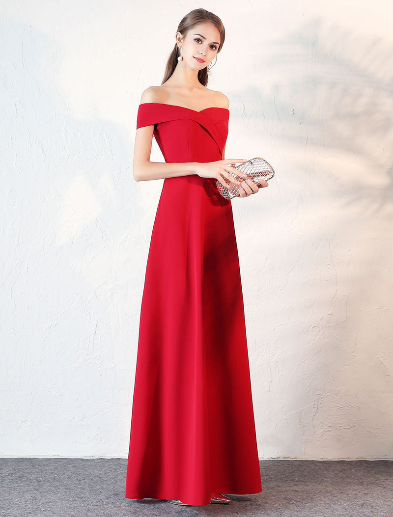 Stunning Evening Dresses Burgundy Off The Shoulder evening dress Satin Floor Length Formal Party Dress wedding guest dress-showprettydress