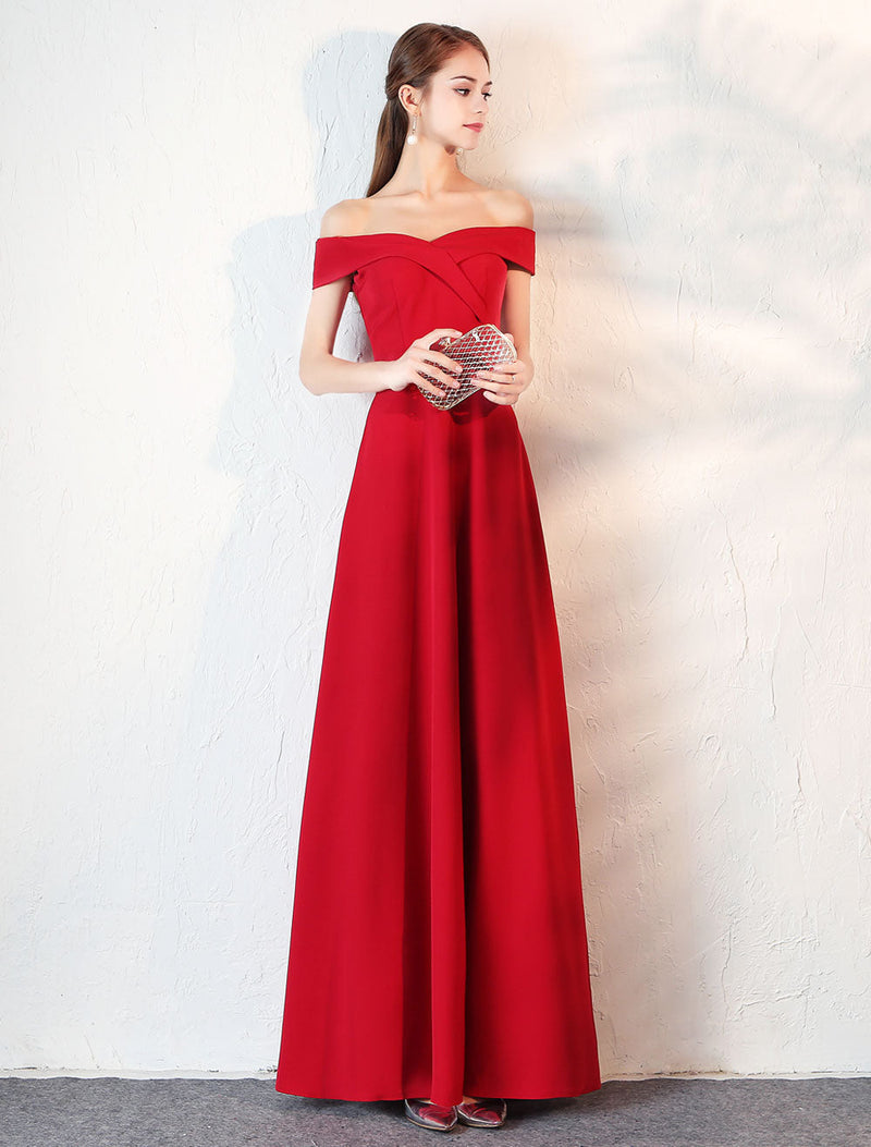 Stunning Evening Dresses Burgundy Off The Shoulder evening dress Satin Floor Length Formal Party Dress wedding guest dress-showprettydress