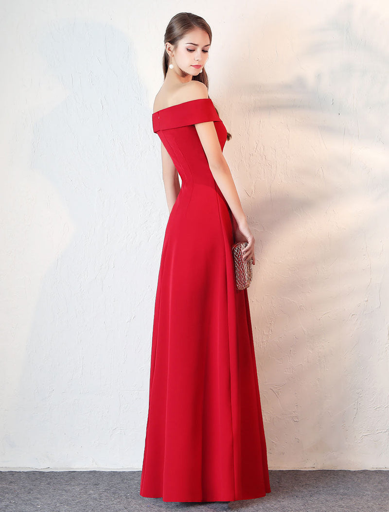 Stunning Evening Dresses Burgundy Off The Shoulder evening dress Satin Floor Length Formal Party Dress wedding guest dress-showprettydress