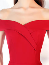 Stunning Evening Dresses Burgundy Off The Shoulder evening dress Satin Floor Length Formal Party Dress wedding guest dress-showprettydress