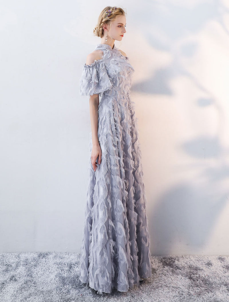 Stunning Evening Dresses Long Light Grey Cold Shoulder Evening Dress Lace Stand Collar Floor Length Formal Dress-showprettydress