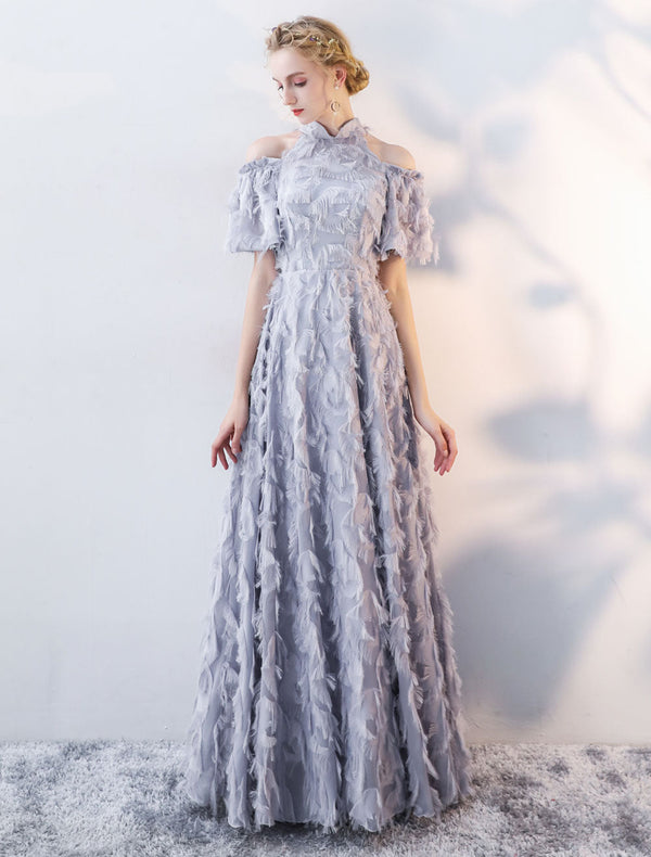 Stunning Evening Dresses Long Light Grey Cold Shoulder Evening Dress Lace Stand Collar Floor Length Formal Dress-showprettydress
