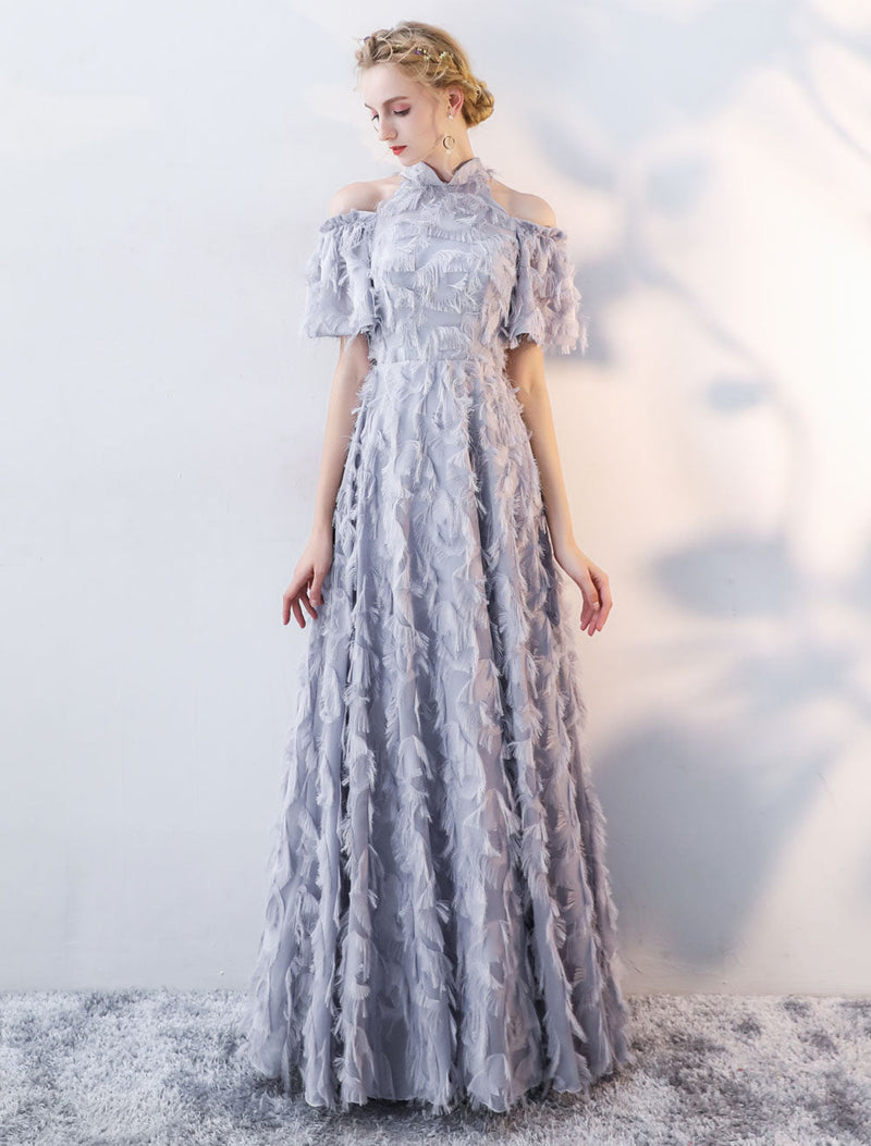 Stunning Evening Dresses Long Light Grey Cold Shoulder Evening Dress Lace Stand Collar Floor Length Formal Dress-showprettydress