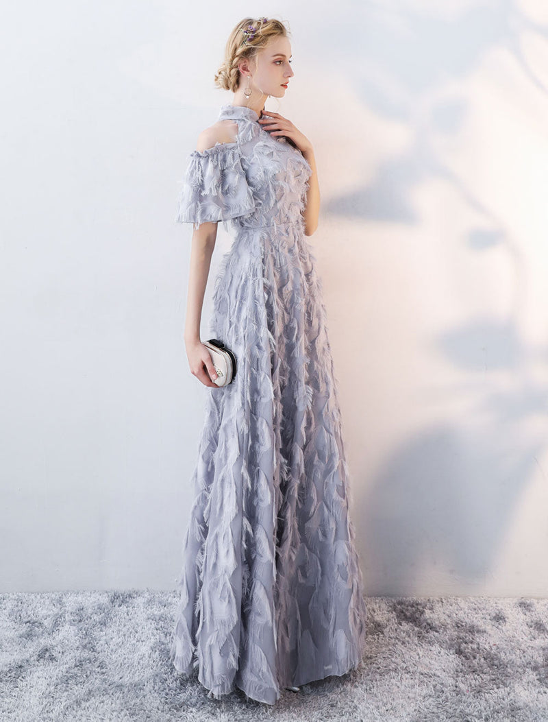 Stunning Evening Dresses Long Light Grey Cold Shoulder Evening Dress Lace Stand Collar Floor Length Formal Dress-showprettydress
