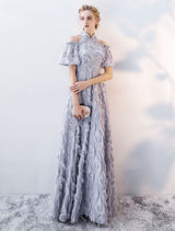 Stunning Evening Dresses Long Light Grey Cold Shoulder Evening Dress Lace Stand Collar Floor Length Formal Dress-showprettydress