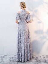 Stunning Evening Dresses Long Light Grey Cold Shoulder Evening Dress Lace Stand Collar Floor Length Formal Dress-showprettydress