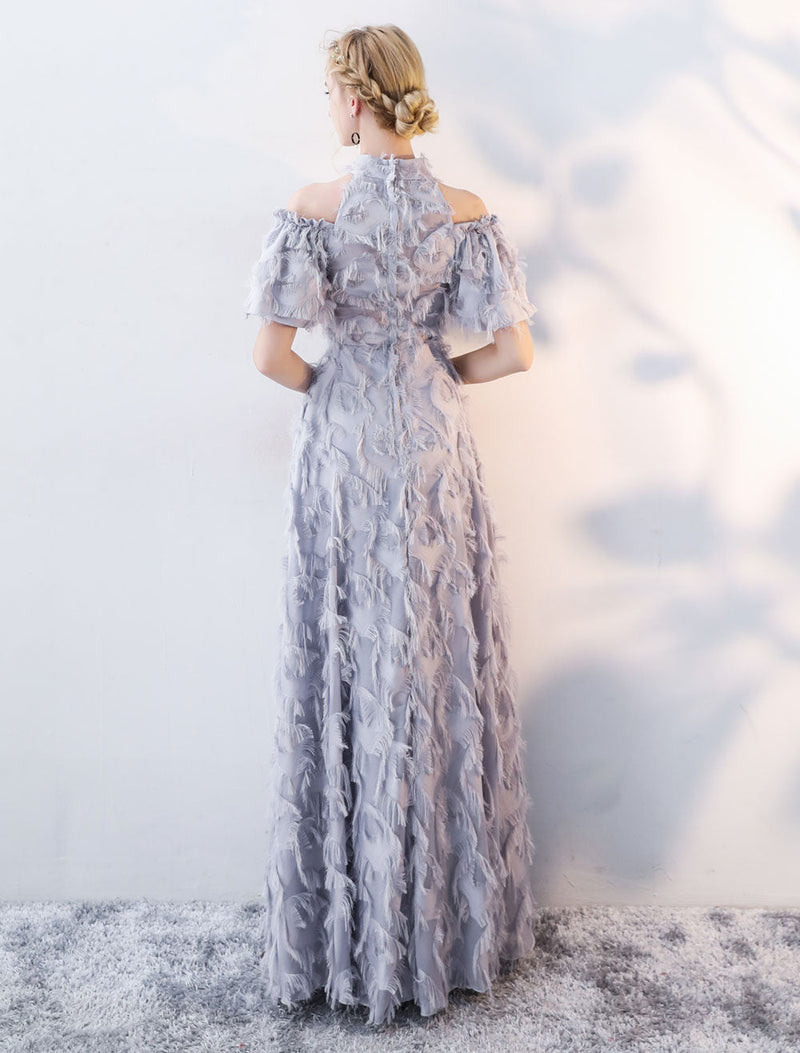 Stunning Evening Dresses Long Light Grey Cold Shoulder Evening Dress Lace Stand Collar Floor Length Formal Dress-showprettydress