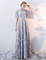 Stunning Evening Dresses Long Light Grey Cold Shoulder Evening Dress Lace Stand Collar Floor Length Formal Dress-showprettydress