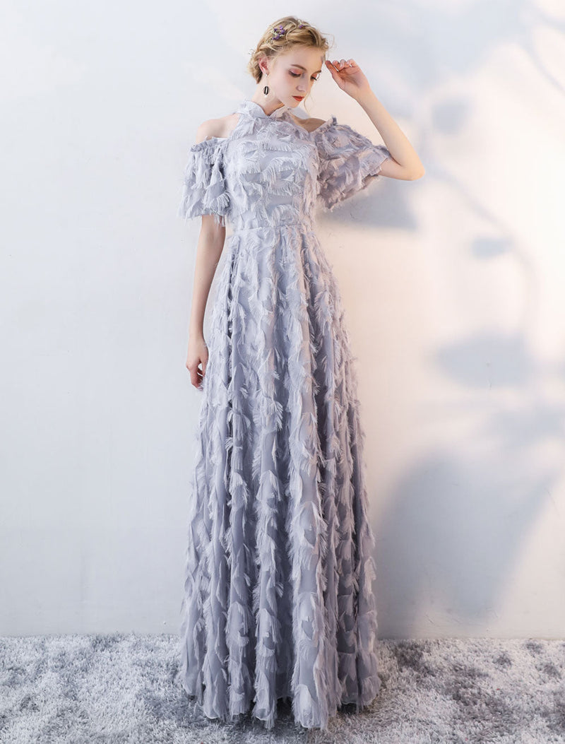 Stunning Evening Dresses Long Light Grey Cold Shoulder Evening Dress Lace Stand Collar Floor Length Formal Dress-showprettydress
