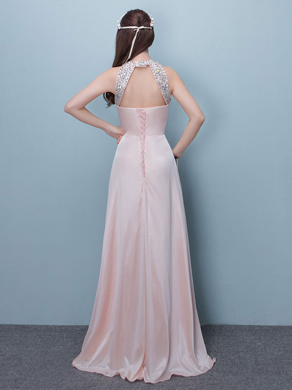 Stunning Evening Dresses Long Soft Pink Satin Evening Dress Halter Beading Pleated Floor Length Formal Party Dress-showprettydress