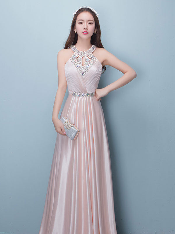 Stunning Evening Dresses Long Soft Pink Satin Evening Dress Halter Beading Pleated Floor Length Formal Party Dress-showprettydress