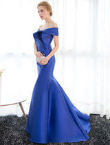 Stunning Evening Dresses Satin Royal Blue Evening Gown Off The Shoulder Mermaid Formal Dress With Train-showprettydress