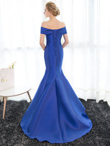 Stunning Evening Dresses Satin Royal Blue Evening Gown Off The Shoulder Mermaid Formal Dress With Train-showprettydress