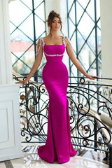 Stunning Fuchsia Long Mermaid Sparkle Beaded Straps Satin Prom Dress-showprettydress