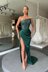 Stunning Green Long Mermaid Sequins Satin Prom Dress With Split-showprettydress