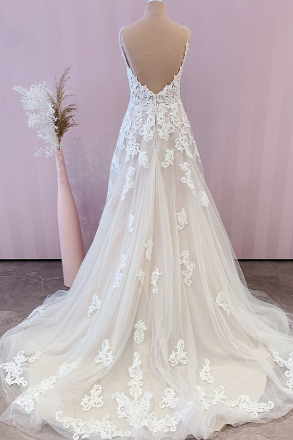 Stunning Long A-Line Spaghetti Straps Appliques Lace Tulle Wedding Dress-showprettydress