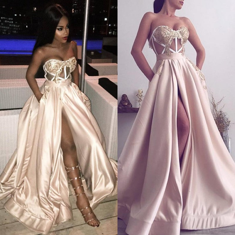 Stunning Long A-line Sweetheart Front Slit Prom Dress with Pockets-showprettydress