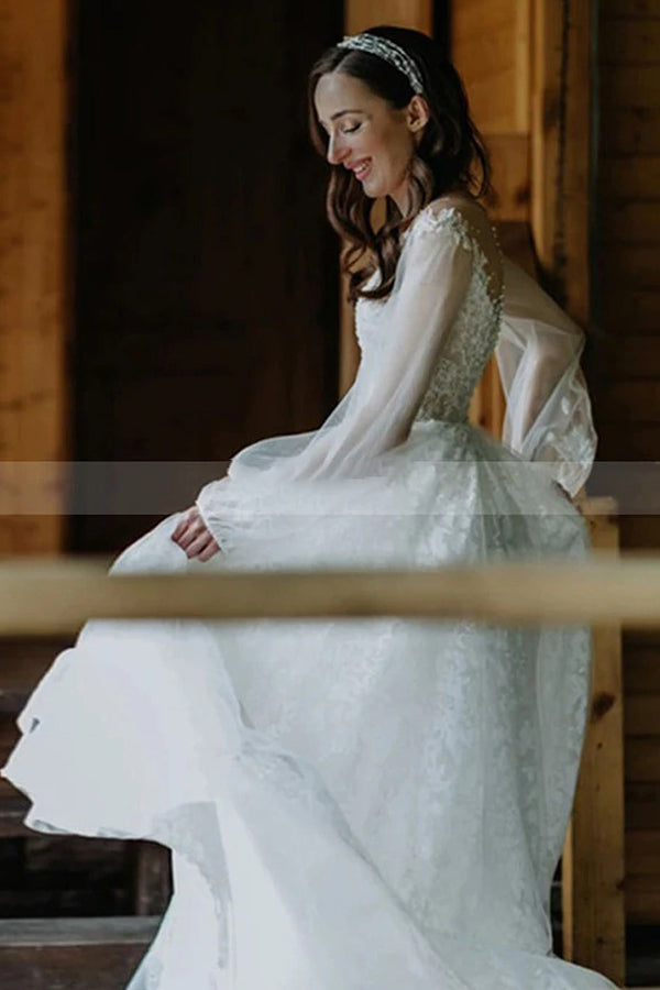 Stunning Long A-line Tulle Lace Wedding Dress with Sleeves-showprettydress