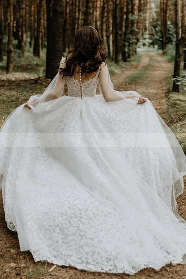 Stunning Long A-line Tulle Lace Wedding Dress with Sleeves-showprettydress