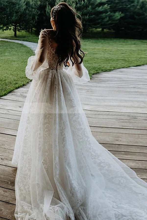 Stunning Long A-line Tulle Lace Wedding Dress with Sleeves-showprettydress