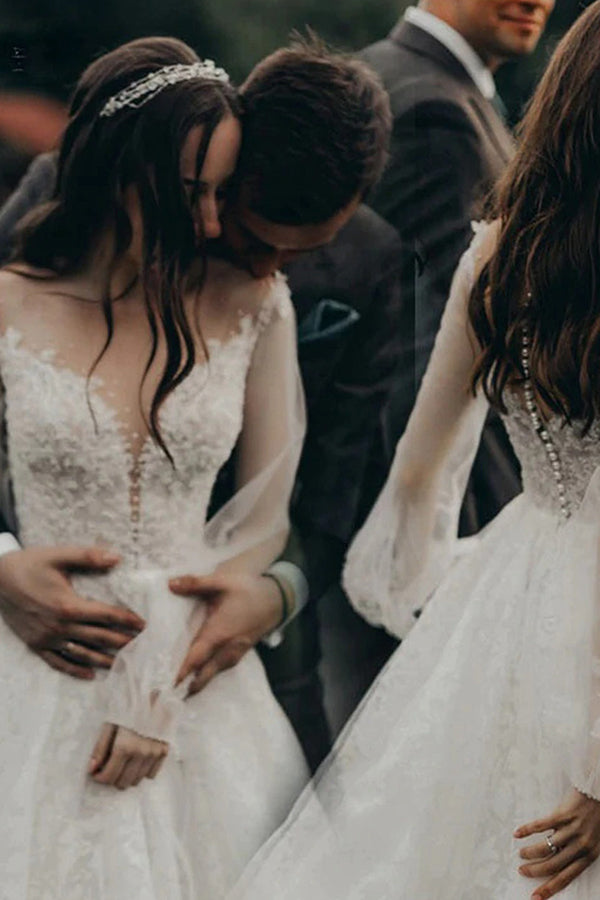 Stunning Long A-line Tulle Lace Wedding Dress with Sleeves-showprettydress